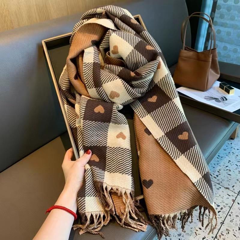 New Style Imitation Cashmere Scarf for Women Douyin Live Plaid Versatile Love Decoration Thickened Tassel Scarf Warm Shawl