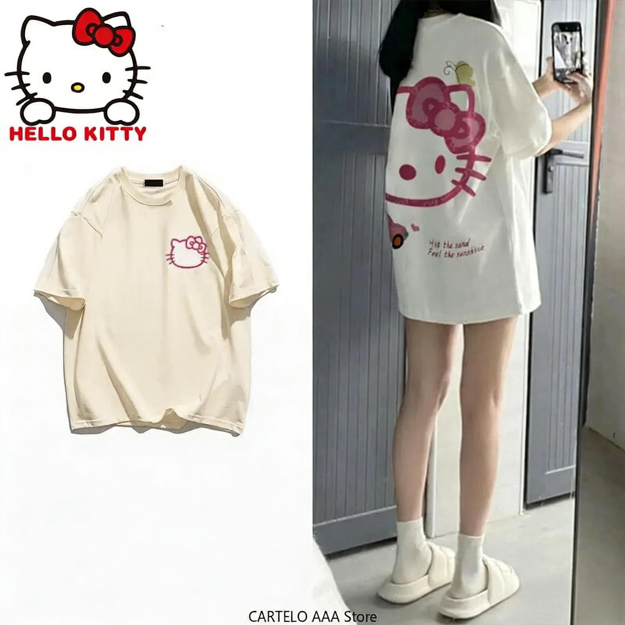 

2026 новая футболка Hello Kitty из мягкого хлопка с коротким рукавом и круглым вырезом, милый принт, легкий летний топ для женщин, повседневная одежда S