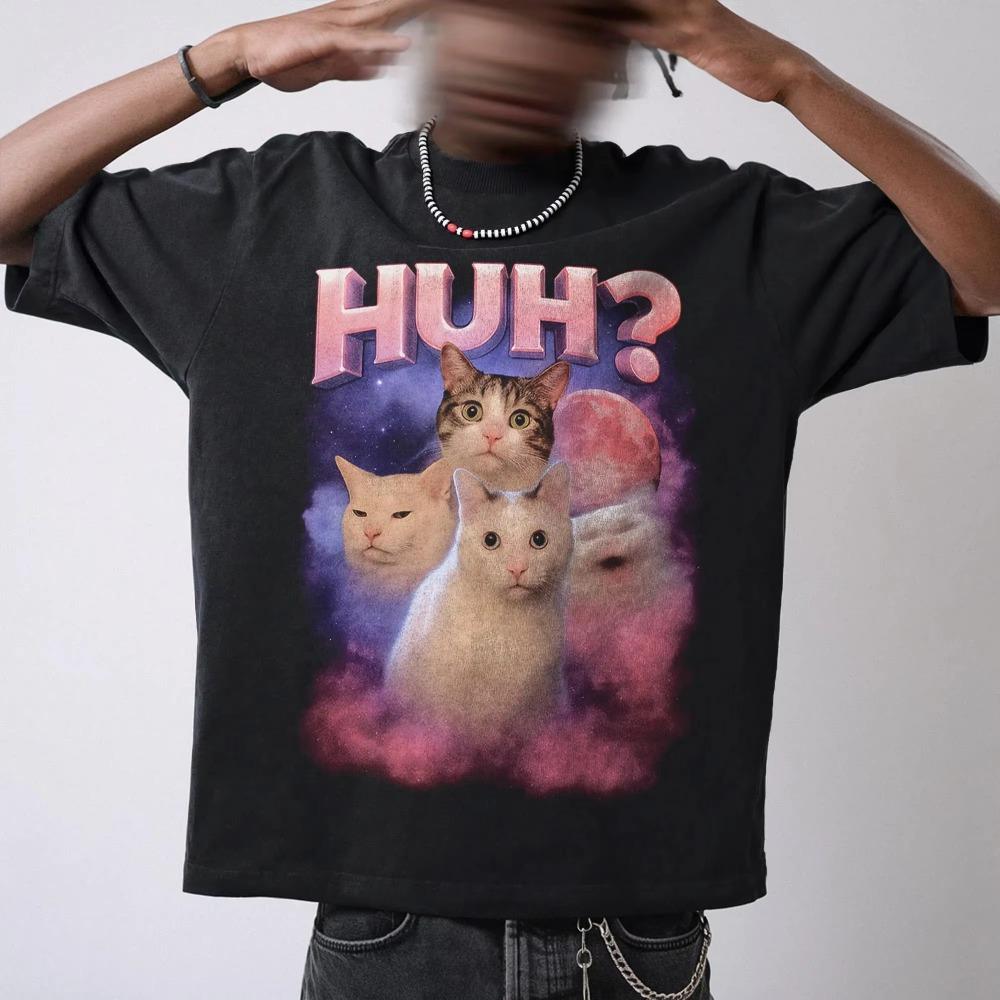 Confused Cat Meme TShirt Galaxy Graphic Unisex Summer Mens and Womens Loose Comfortable and Breathable Tshirt Top Cotton