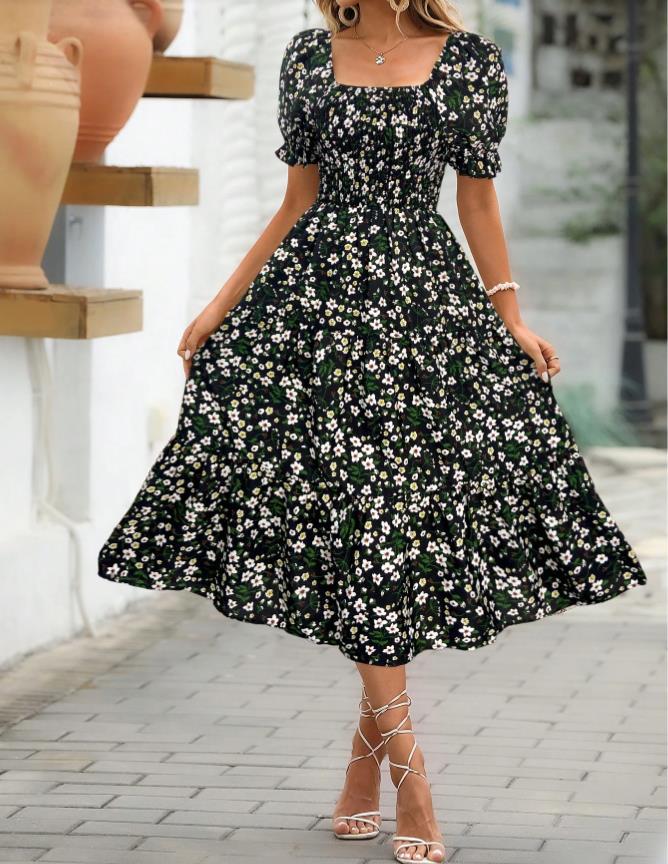 Women's Floral Print Square Neck Short Sleeve Summer Dress,Loose A-Line Swing Dress,Casual Elegant Dress