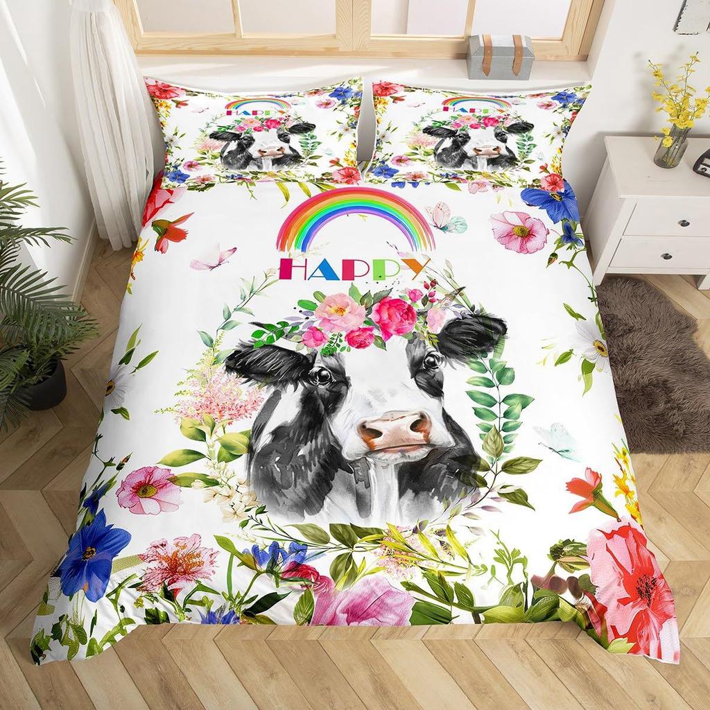 Farm Cow Duvet Cover Three-Piece Sunflower Quilt Cover Cute Cow Bedding Set