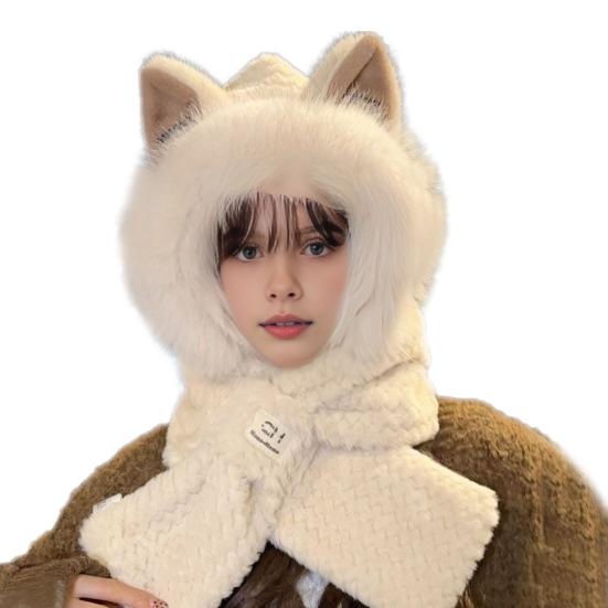 Women Winter Integrated Hat And Scarf Thick Fleece Warm Cartoon Fox Ear Decor Windproof