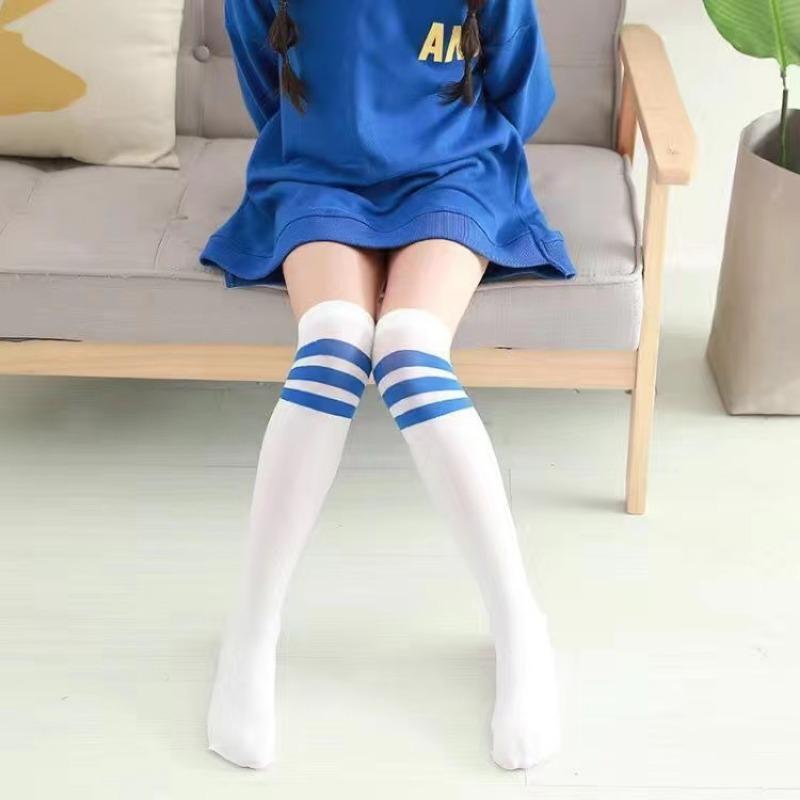 JK Woman Cosplay Stockings White Red Blue Strips Lolita Long Socks Over Knee Thigh High Socks Women Compression Socks