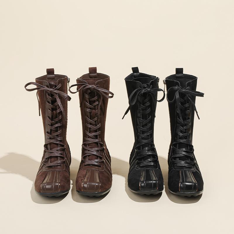 New Retro Knight Short Boots Women's Autumn and Winter Boots Lace-up Western Boots Niche Flat-bottomed Color Matching Short Boots