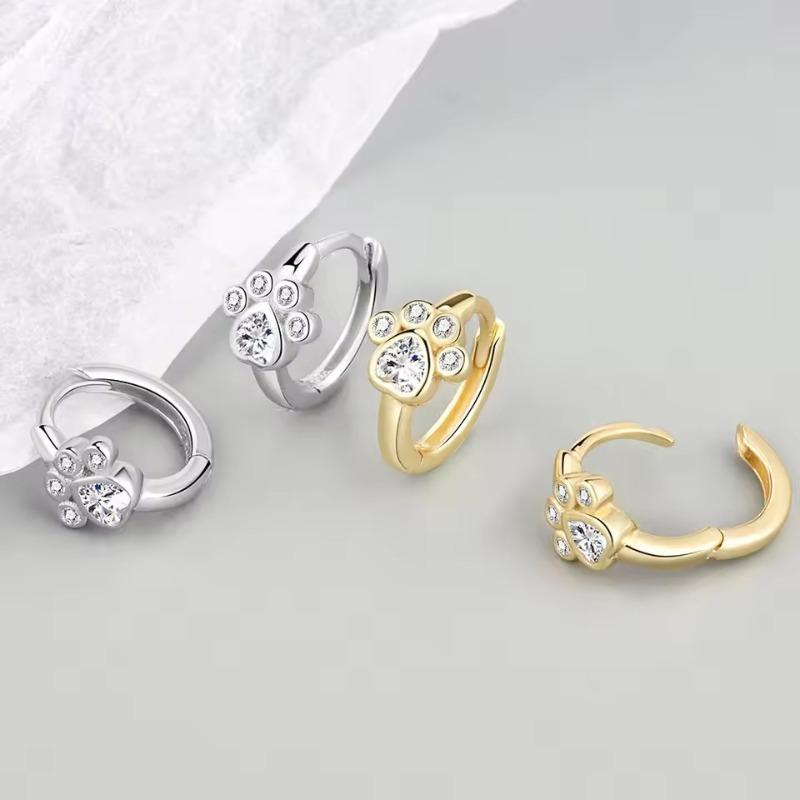 Korean Cute Cat Paw Footprint Ear Buckle Fashion Zircon Hoop Earrings for Women Silver Color Charm Circle Earrings Jewelry Gift