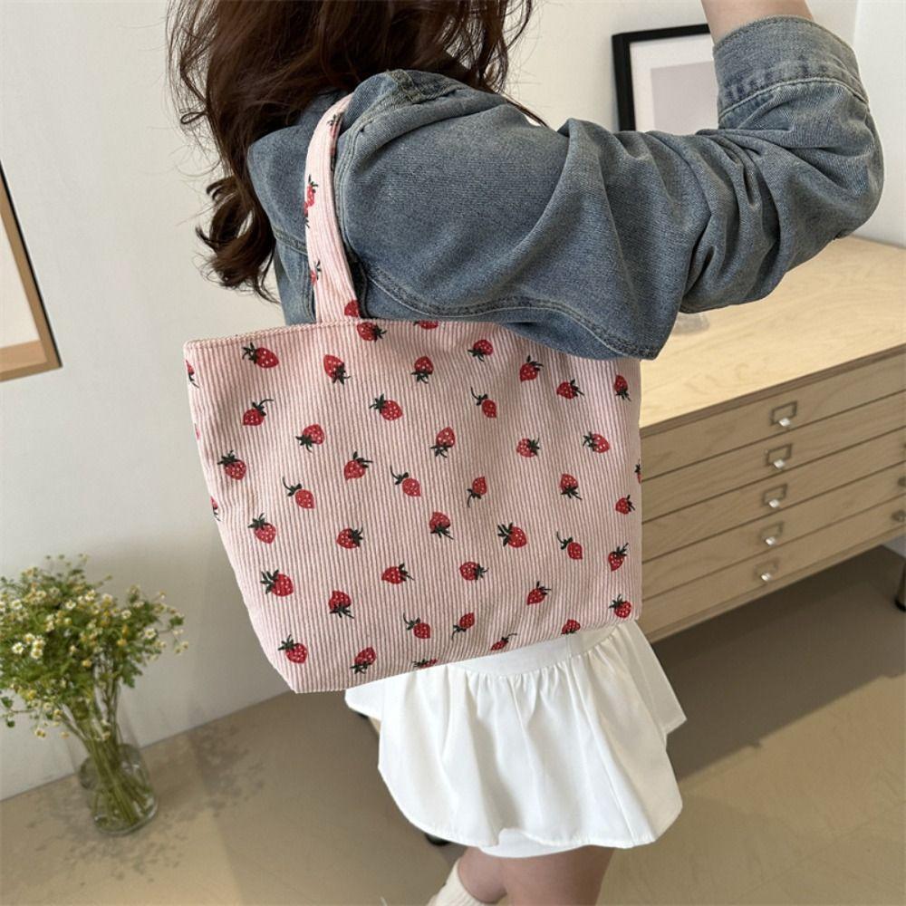 Strawberry Print Shoulder Bag For Women New Fashion Corduroy Large Capacity Shopping Bag Solid Color Handbag Tote Bag