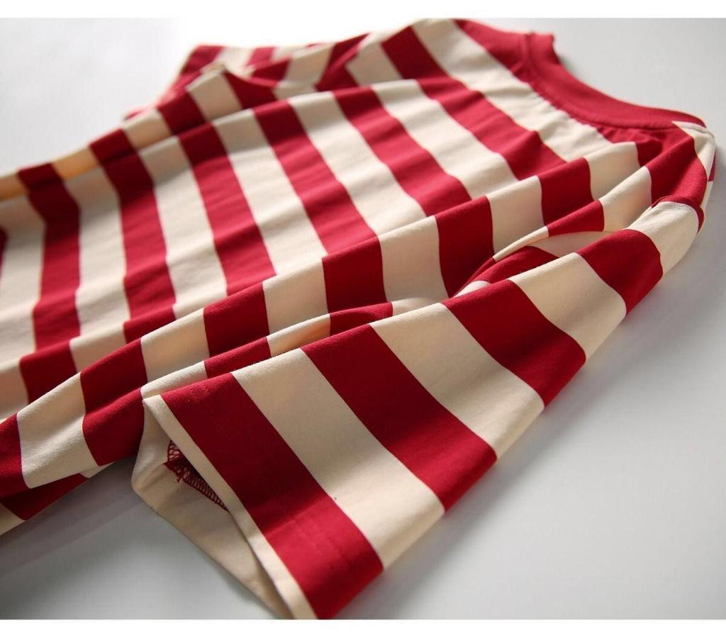 Striped Women's T-Shirt Dress - Short-Sleeved, Split Hem, Medium Length