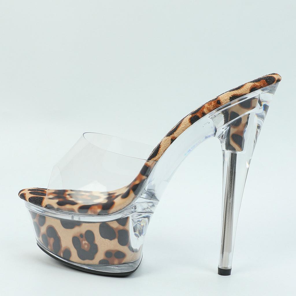 Women's Leopard Print Clear Sandals - 15cm High Heels with Platform, Open Toe Strappy Design, Party/Prom Evening Shoes 190-99