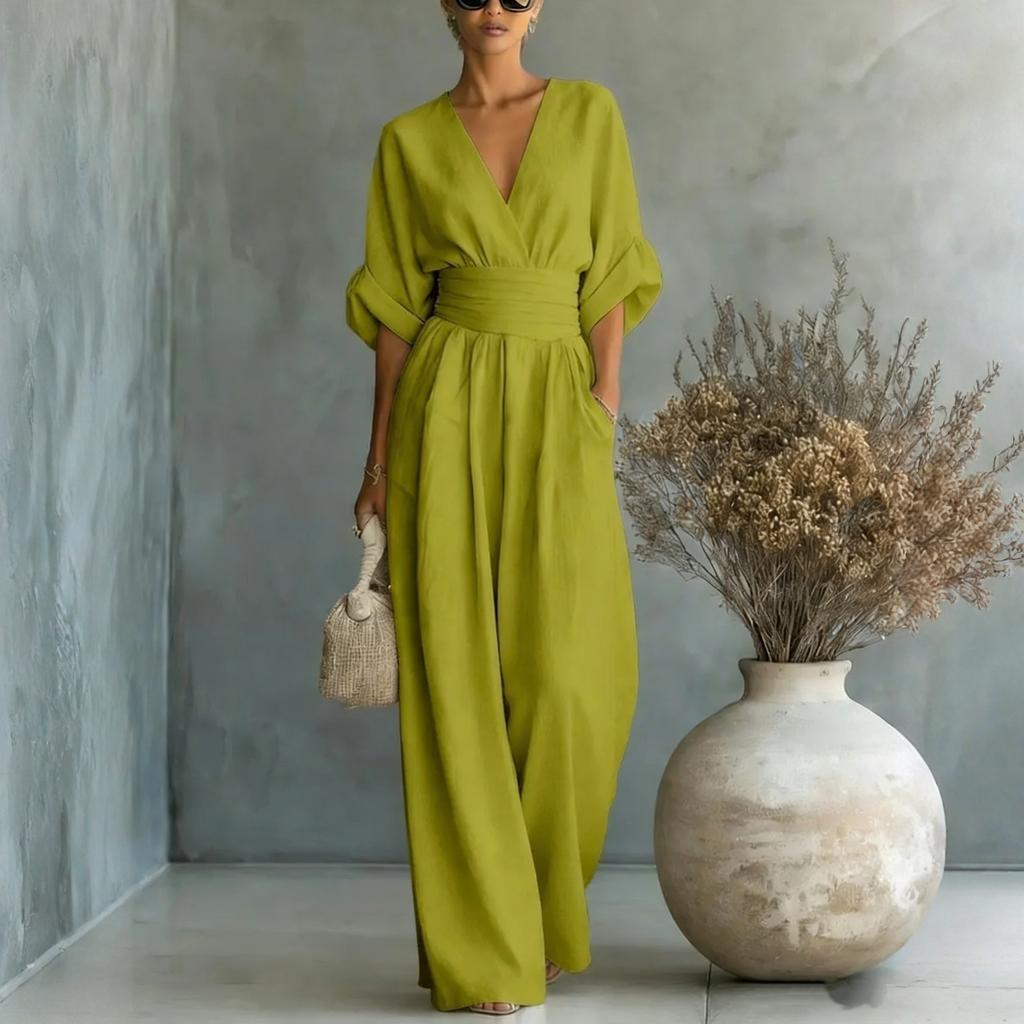 Tuta Elegante da Donna a Gamba Larga con Scollo a V e Cintura
