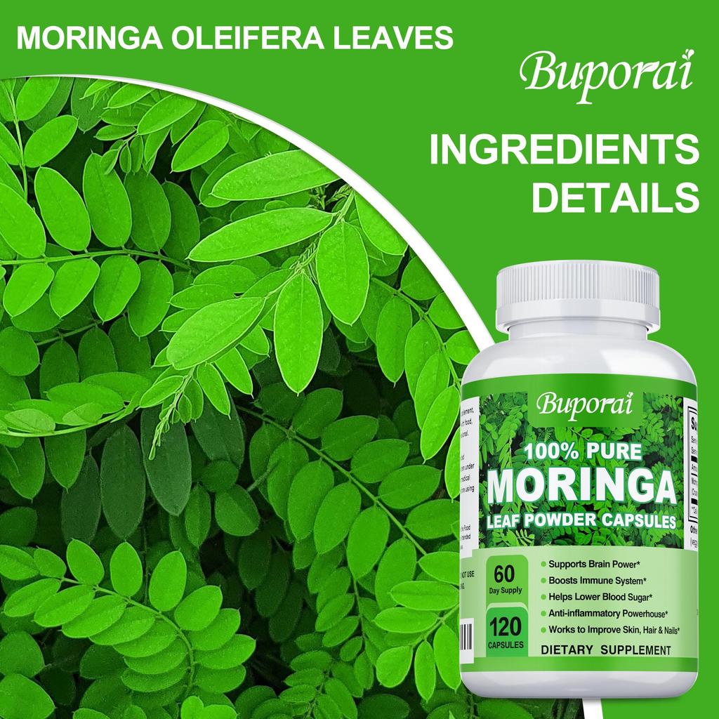 Moringa Capsules, Pure Oleifera Leaf Powder Pills, 1200mg Per Serving, Immune System, Metabolism,  Non GMO