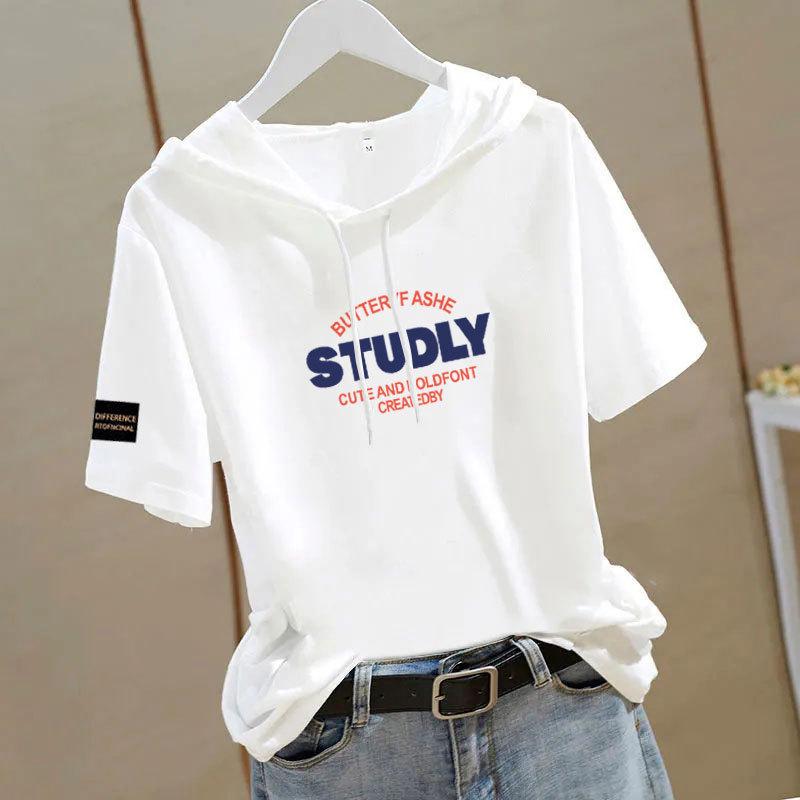 

Women s Short Sleeve Ethnic Style Hooded Cotton Sweatshirt - Loose, Casual, Versatile Summer Top L [100-110 Jin]