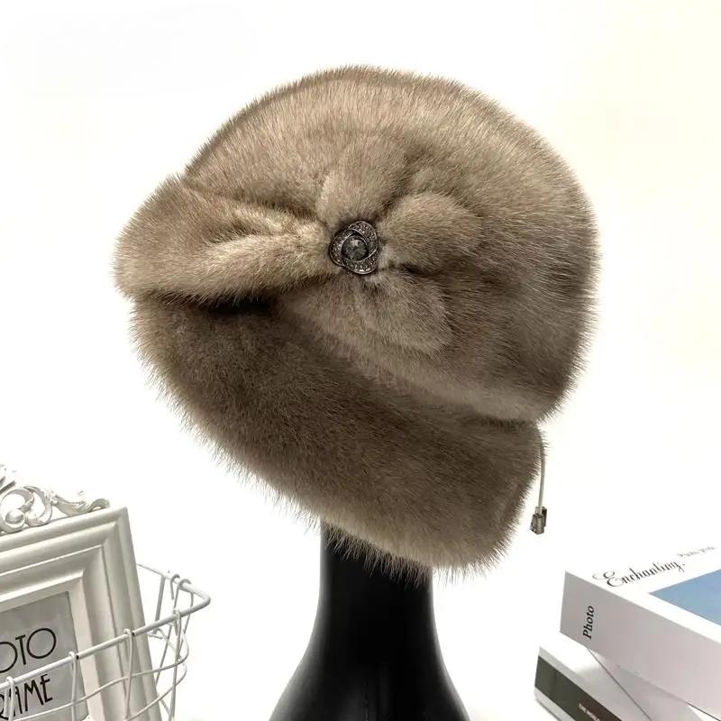 New Snow Hats for Women 2022 Genuine Mink Fur Hat Female Fashion Bucket Hat Diamond Floral Luxury Warm Winter Fedoras Domo Hats