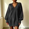 Women's Loose Fit Midi Sweater Dress with Sleeves and Collared Neckline