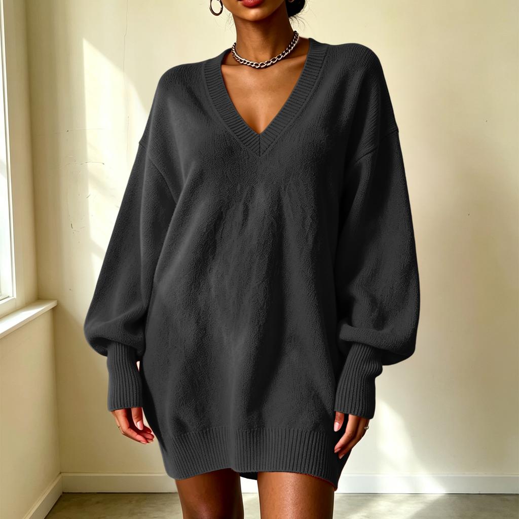 Women's Loose Fit Midi Sweater Dress with Sleeves and Collared Neckline