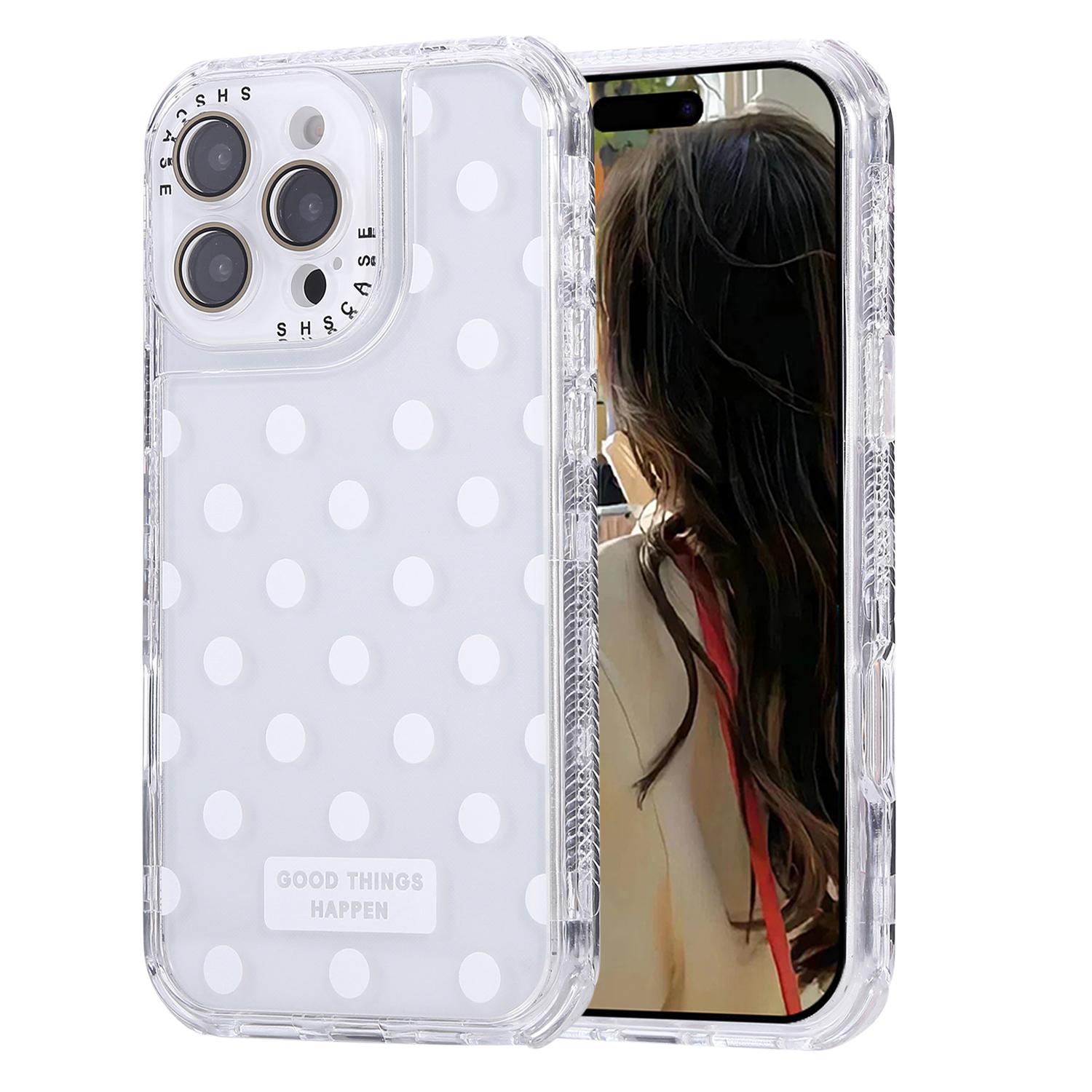 

For iPhone 16 Pro Case Polka Dot Pattern Clear PC+TPU Phone Cover with Lens Film White