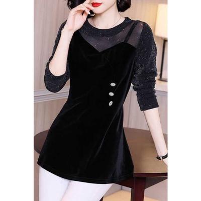 Women's Black Velvet Glitter Dress Long Sleeve Decorative Button Party Mini Dress