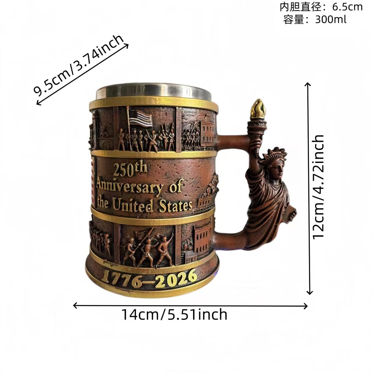 

1776-2026 US 250th Anniversary Commemorative Beer Stein Embossed Flag Pattern Stainless Steel Cup 300ml