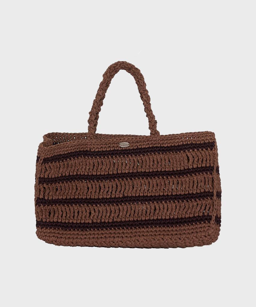 Slowslowly Moroccan Handmade Crochet Stripe Wide Tote Bag _ Brown