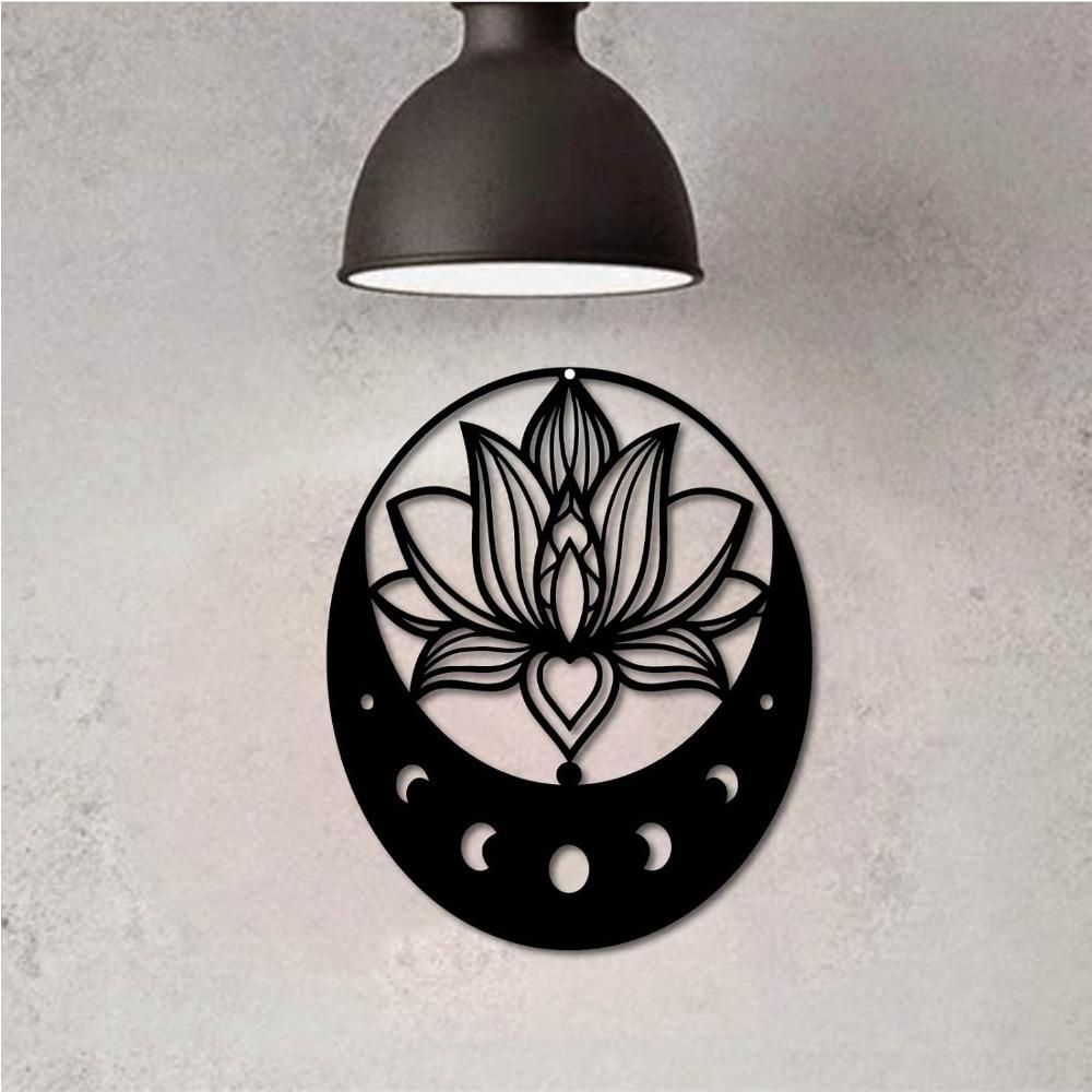 Lotus Metal Wall Art Moon Flower Sculpture Iron Sign Home Decor Black 12x10 Inch