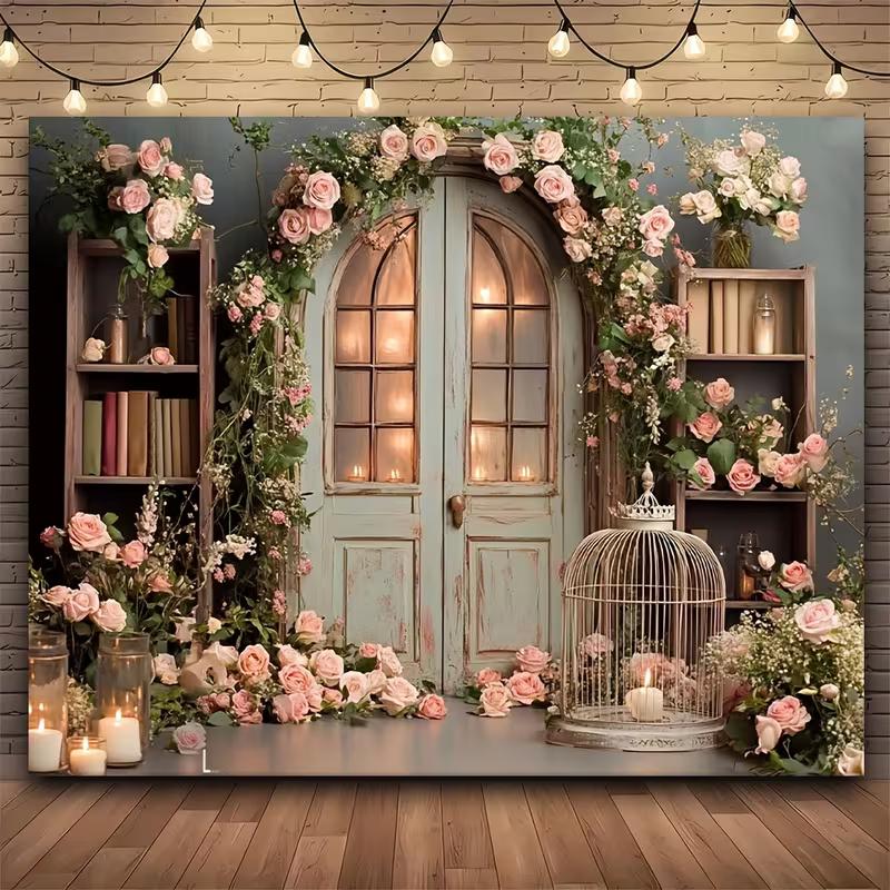 

2D Vintage Door Floral Tapestry, Pink Rose Arch Backdrop for Wedding, Bridal Shower, Engagement & Photoshoot 47.2x31.5inch/120*80cm