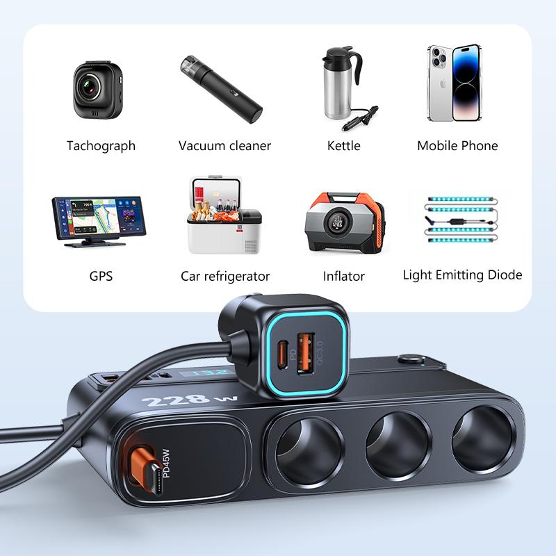 SEAMETAL 9 IN 1 228W USB C Car Charger Adapter QC3.0 With PD45W Telescopic Cable LED Voltage Display 12V/24V