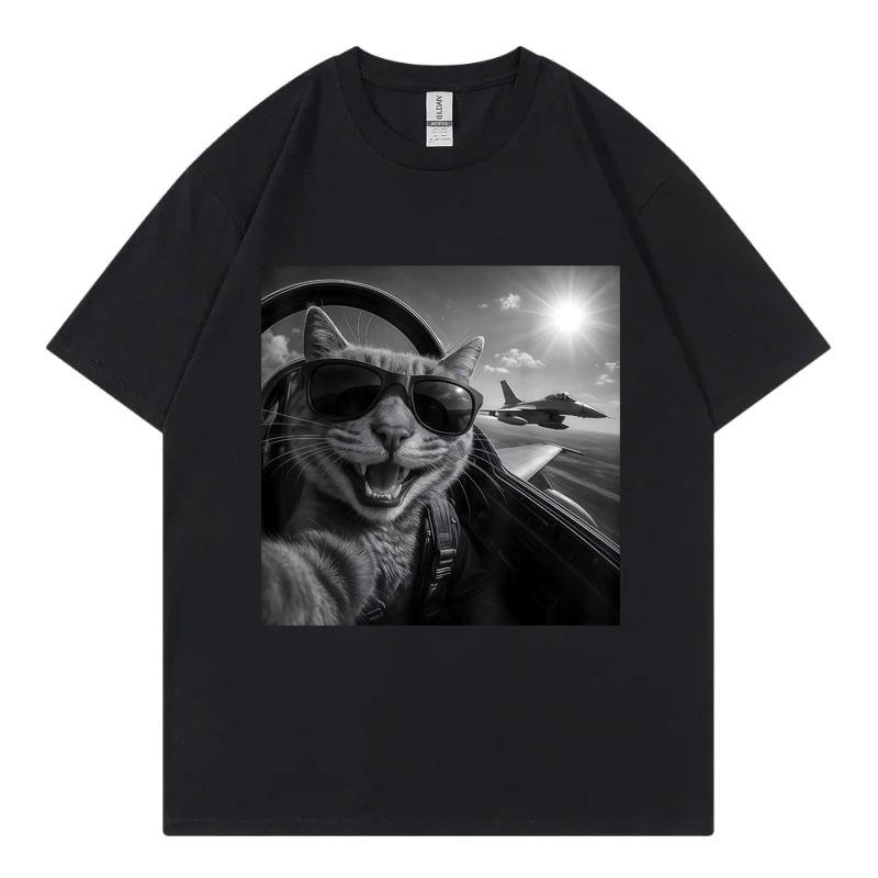 Cat Pilot Selfie Funny Meme Graphic T Shirts High Street Fashion Trend Short Sleeve Tshirts Unisex Unisex Casual 100cotton Tshirt