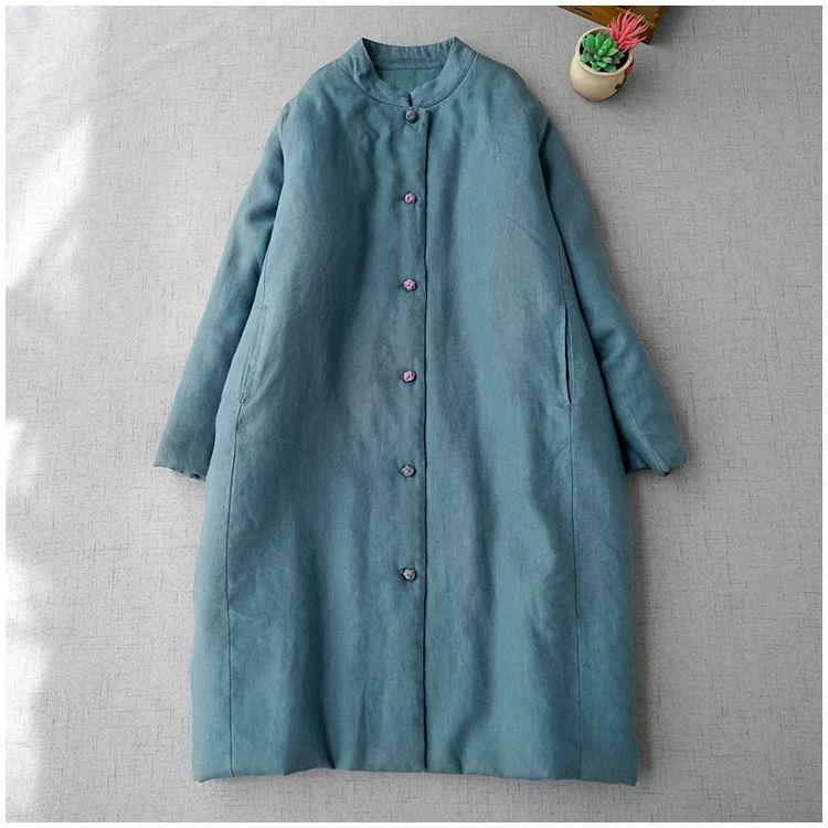 Chinese Style Women's Long Cotton Coat Standing Collar Buckle Autumn Winter Mid Length Warm Linen Quilted Jacket Z3891