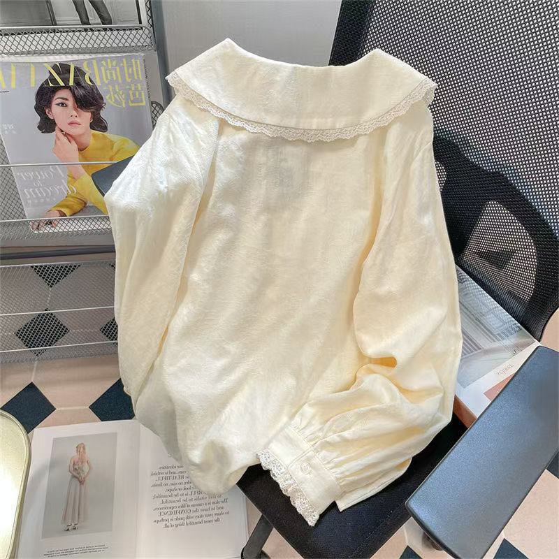Xpabb Sweet Lace Floral Turndown Collar Shirt Woman Autumn Long Sleeve Loose Casual Blouse for Women Buttons Shirts