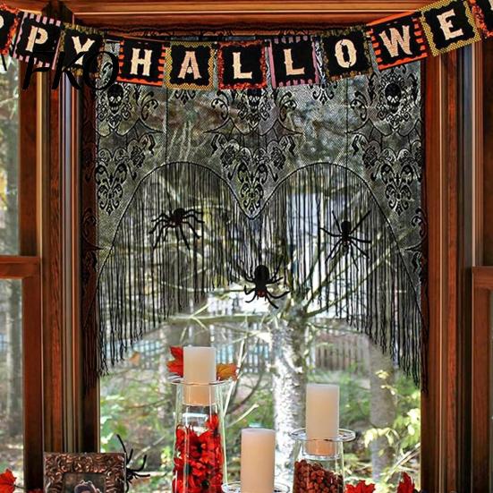 Atmungsaktiver Verandavorhang Halloween Gruseliges Fenster-Abschlussvorhang, Muster mit Totenkopf und Fledermaus Durchsichtiger Spitzenvorhang, Detaillierter Abschlussvorhang Lichtfilternd Gotisch für Wohn