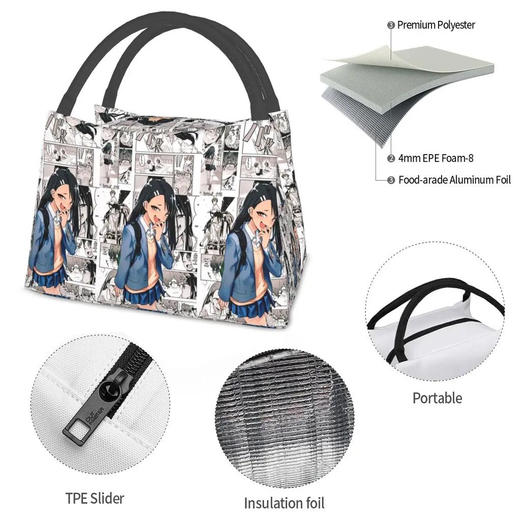 Lunchtaschen Damen Spiel nicht mit mir Miss Nagatoro Thermische Kühltaschen Picknick Reise Die Königin der Folter Liebe Canvas Lunchbox