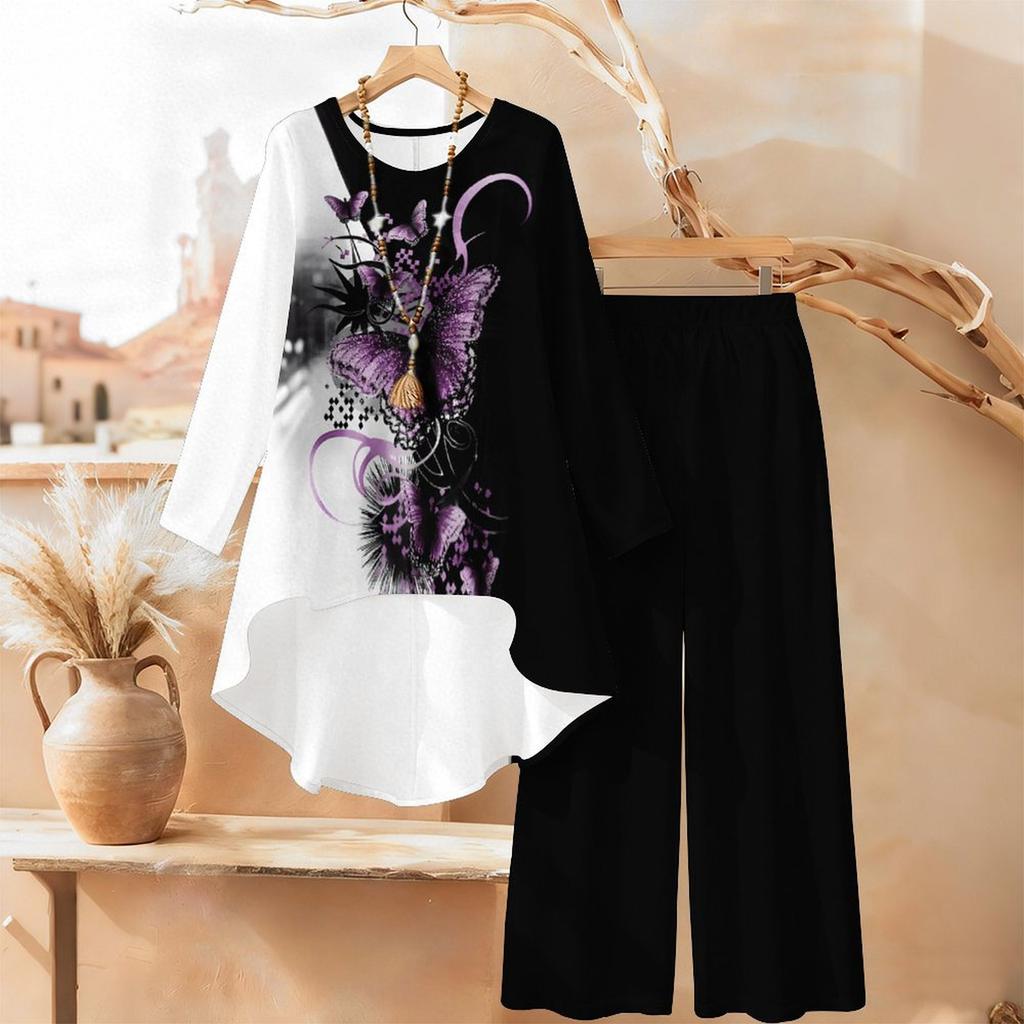 Geometric Print Two Piece Outfit Women Long Sleeve Irregular Hem Tunic Top Wide Leg Pants Casual Matching Set