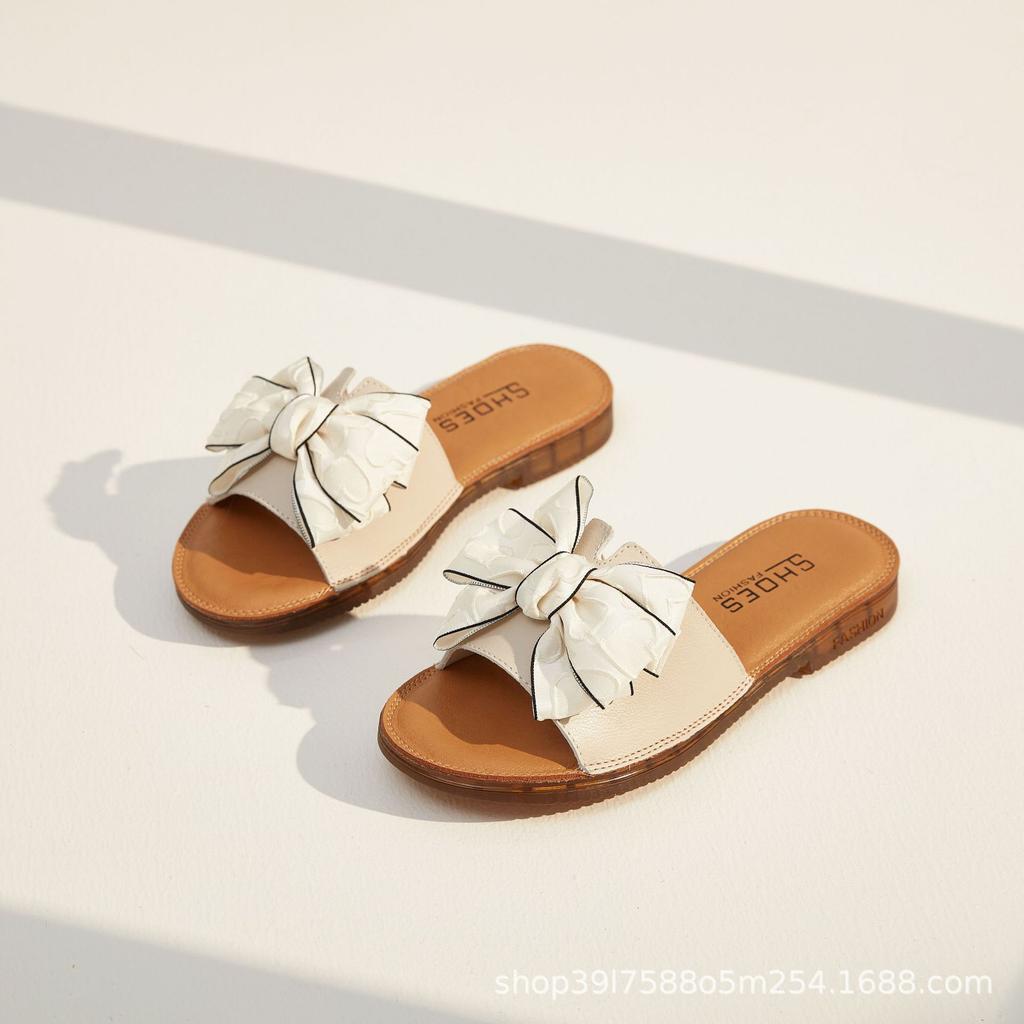 Fashion Cow Leather Sandals 2025 New Women's Slippers Bow Large Size 35-43 Beef Tendon Sole Soft Sole Geunine Leather Slippers