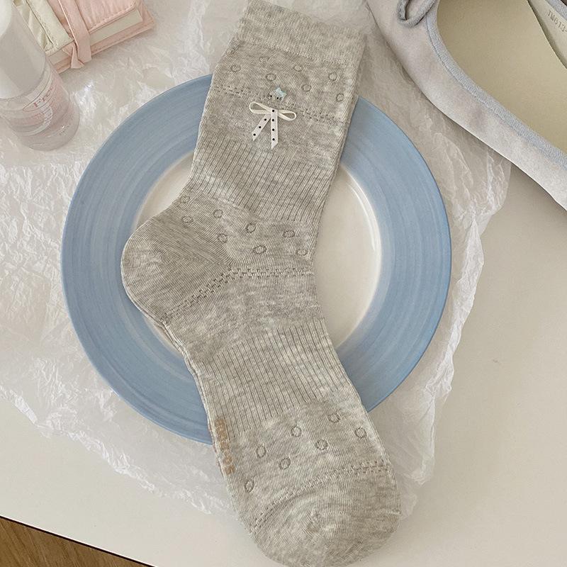 Grayish-white Socks, Women's Bow Mid-calf Socks, Summer Thin Mesh Hollowed-out Solid Color Versatile Pile Socks