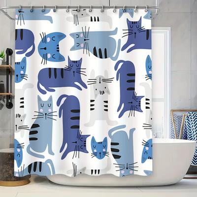 Modern Bathroom Shower Curtain with Blue Cat Pattern Easy Installation for Home Decor, Waterproof Polyester Fabric Size 72x84inc