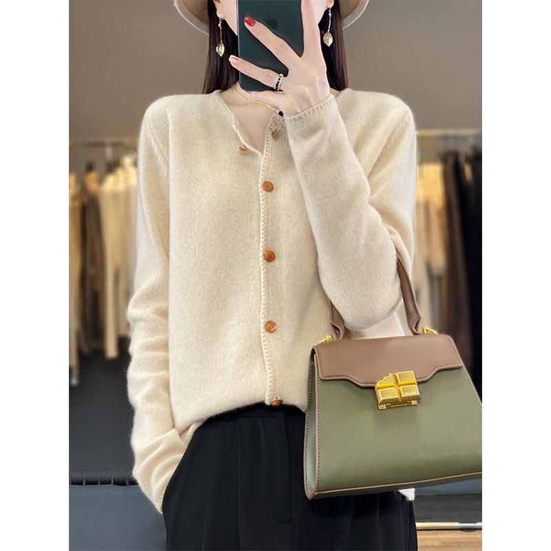 Women's 100% Wool Loose Slimming Round Neck Cardigan with Metal Buckle