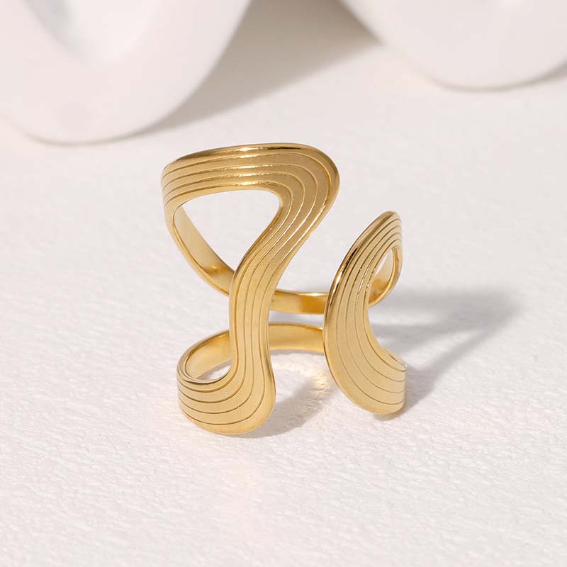 Stainless Steel Gold Color Irregular Curve Open Rings For Men Women Minimalist Metal Geometric Line Statement Ring Zircon Gift