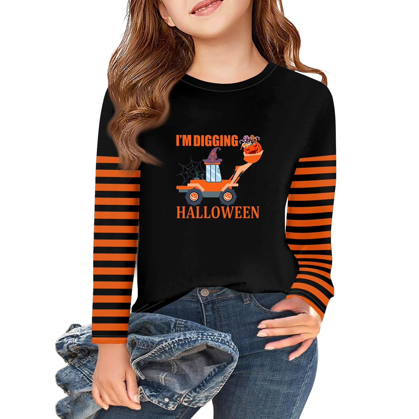 

Футболки с длинным рукавом для девочек на Хэллоуин, детские осенние топы с круглым вырезом, базовые футболки 2-11 лет 140