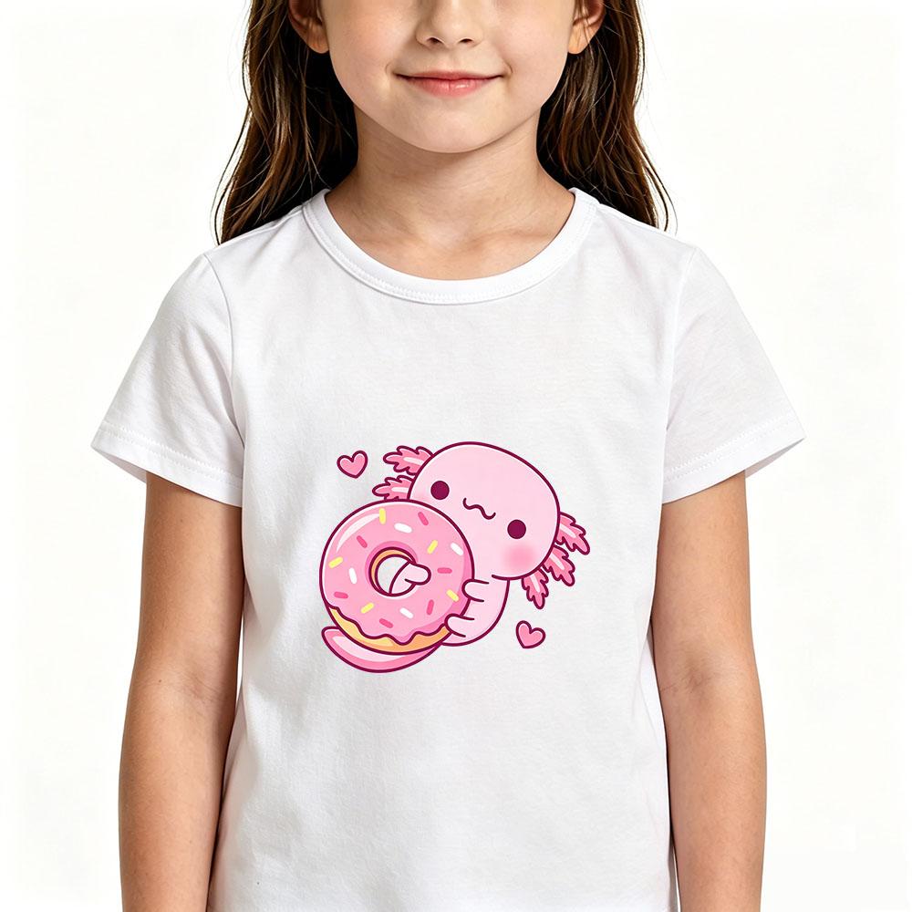 Cute Pink Axolotl Children's T-shirt Cartoon Print 100 %Cotton Tees Streetwear Boys Girls Short Sleeve Casual Kids Top Summer