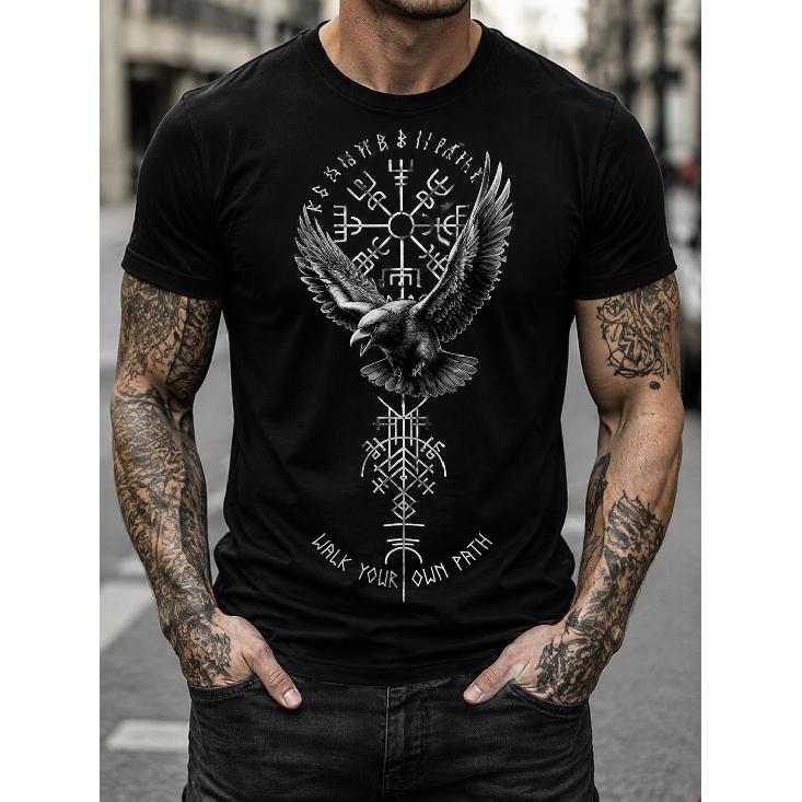 Men s Black Viking Raven T-Shirt With Nordic Runes And Vegvisir Compass, Soft Cotton Short Sleeve Graphic Tee For Streetwear S чёрный