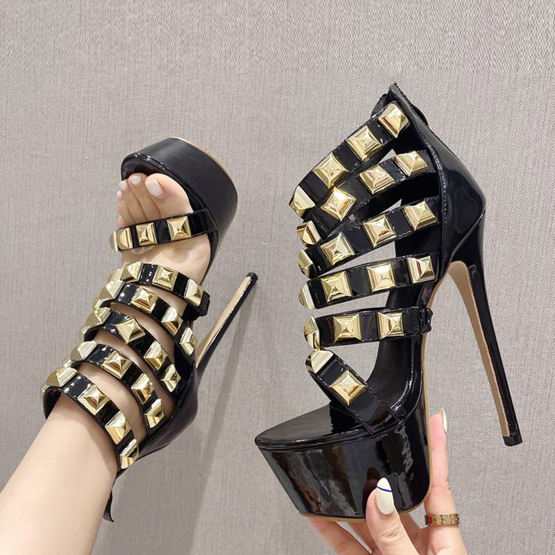 Liyke Sommer Offene Spitze Super Dünne High Heels Frauen Sexy Zip Sandale Mode Metall Nieten Damen Plateau Pumps Schuhe Schwarz