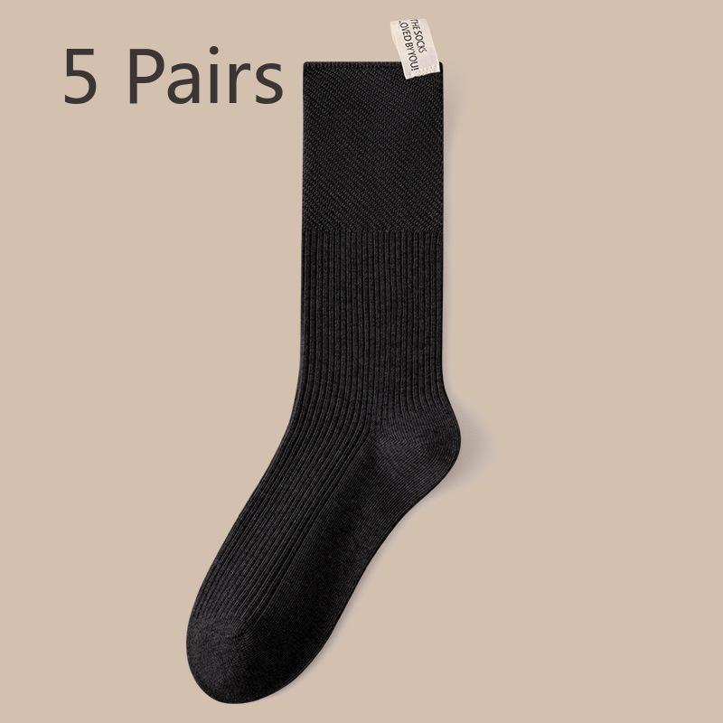 5 Pairs of Women's Autumn Solid Color Cotton Mesh Breathable Mid Tube Pile Socks
