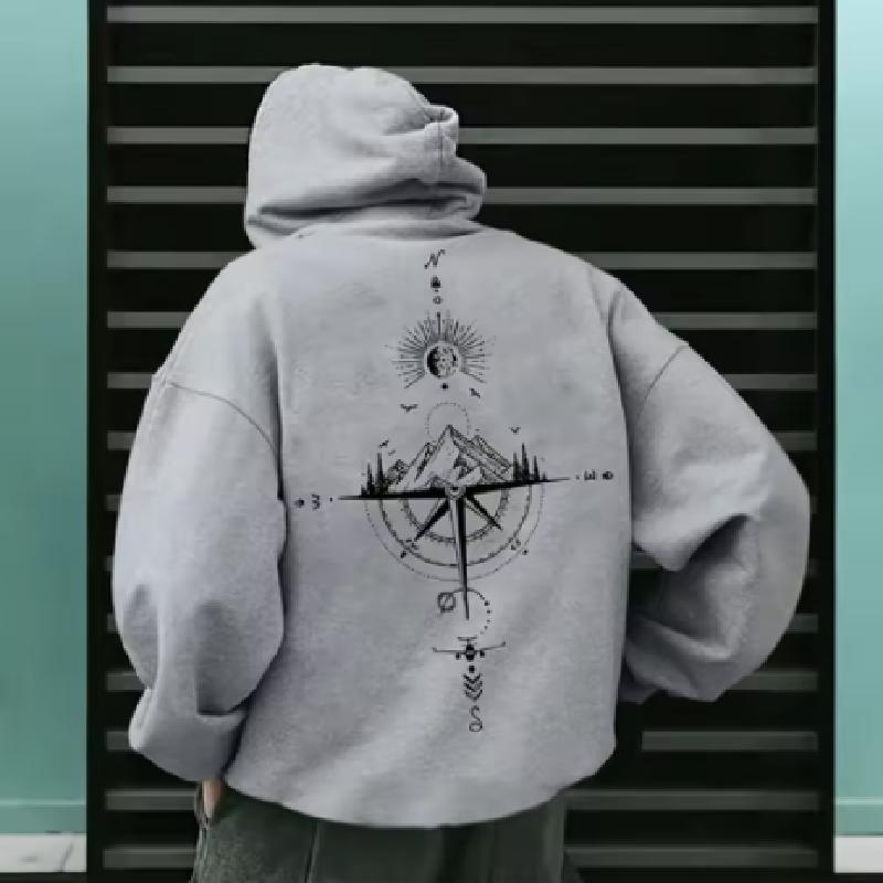 Vintage Compass Print Hoodies for Men High Quality Hooded Long Sleeve Pullover All Season Daily Casual Sports Tops Men's Clothes