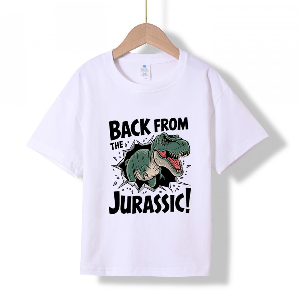 

MC-72 MINISO 2026 Summer Kids 100% Cotton T-Shirt Back from the Jurassic Dinosaur Print Short Sleeve Casual Tee for Boys Girls Ages 2-12 100