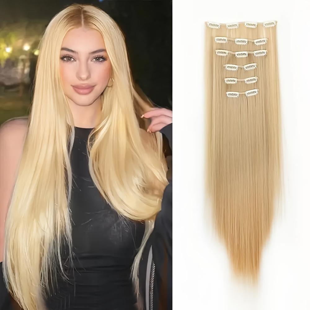 6PCS Clip in Hair Extensions 24" Straight Long Synthetic Hairpieces for Women Daily Party Halloween Black Brown