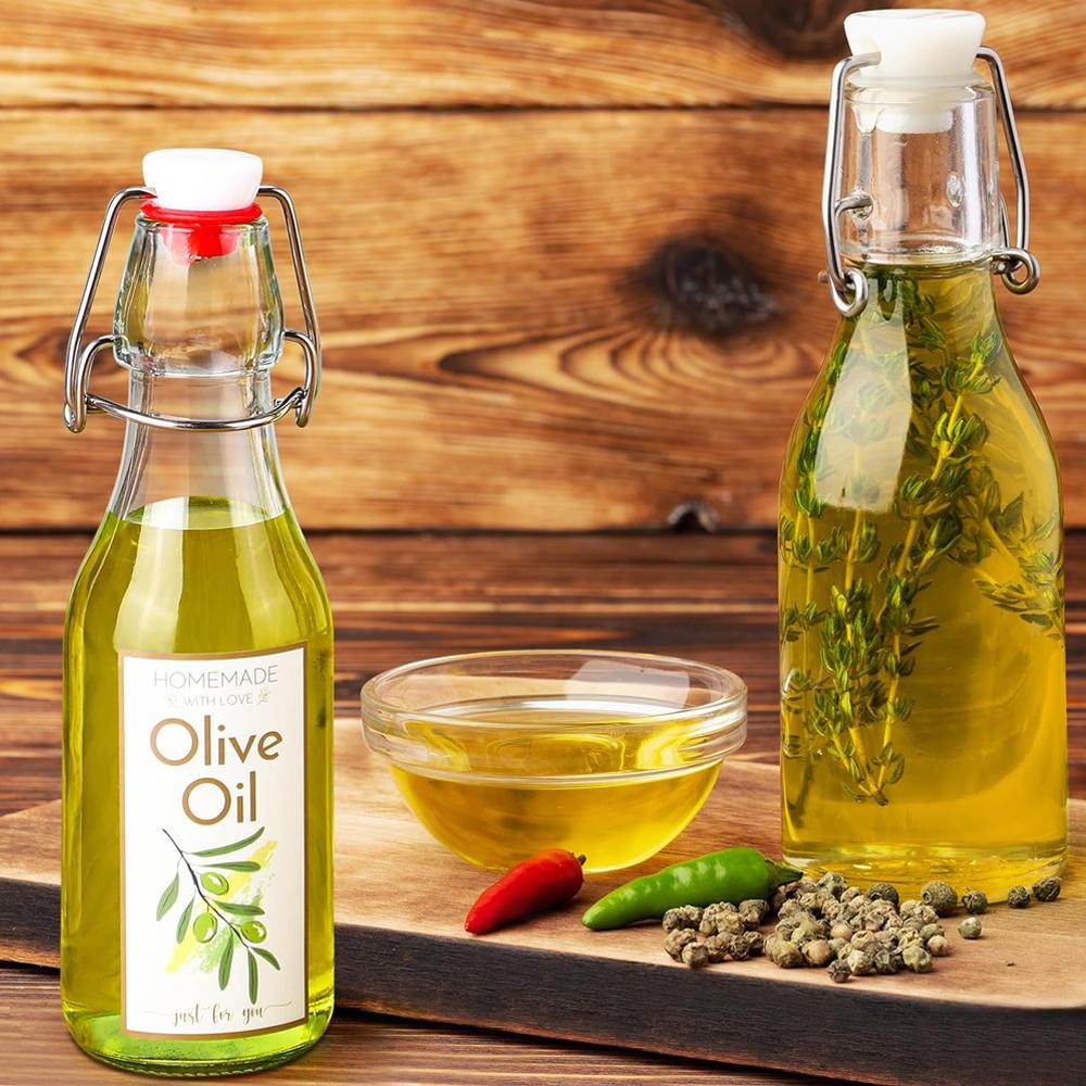 Swing Top Glass Bottles for Olive Oil Homemade 8 oz Clear Flip Top Bottles with Airtight Lids Labels for Storing Homemade Oil