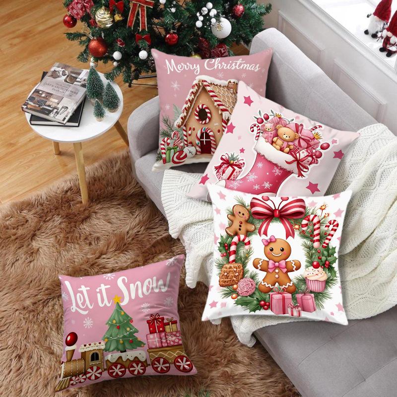 Christmas Gingerbread Man Pink Cushion Cover Letter Print Holiday Decoration Living Room Sofa Cushion Cover Cushion Cover