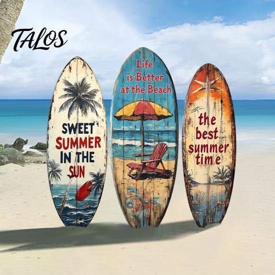 1/3Pcs Surfboard Plaque Decoration, Solid Wood Vintage Coastal Wall Sign, Retro Seaside Style Wall Art Ornament for Indoor Outdoor Use