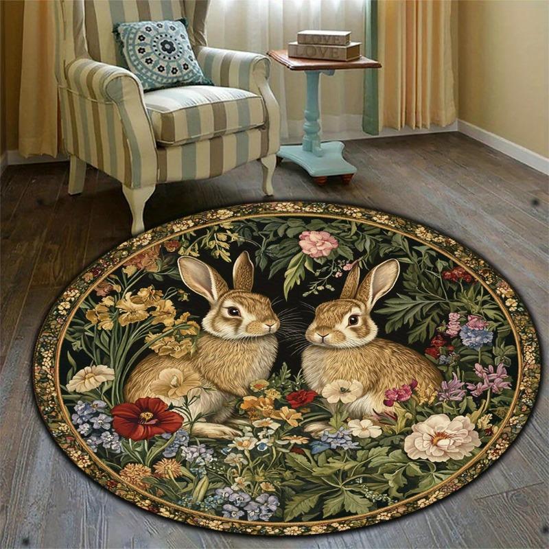 Easter Retro Floral Rabbit Pattern Round Area Rug Bedroom Living Room Garden Decor Living Room Carpet Decorative Floor Mat