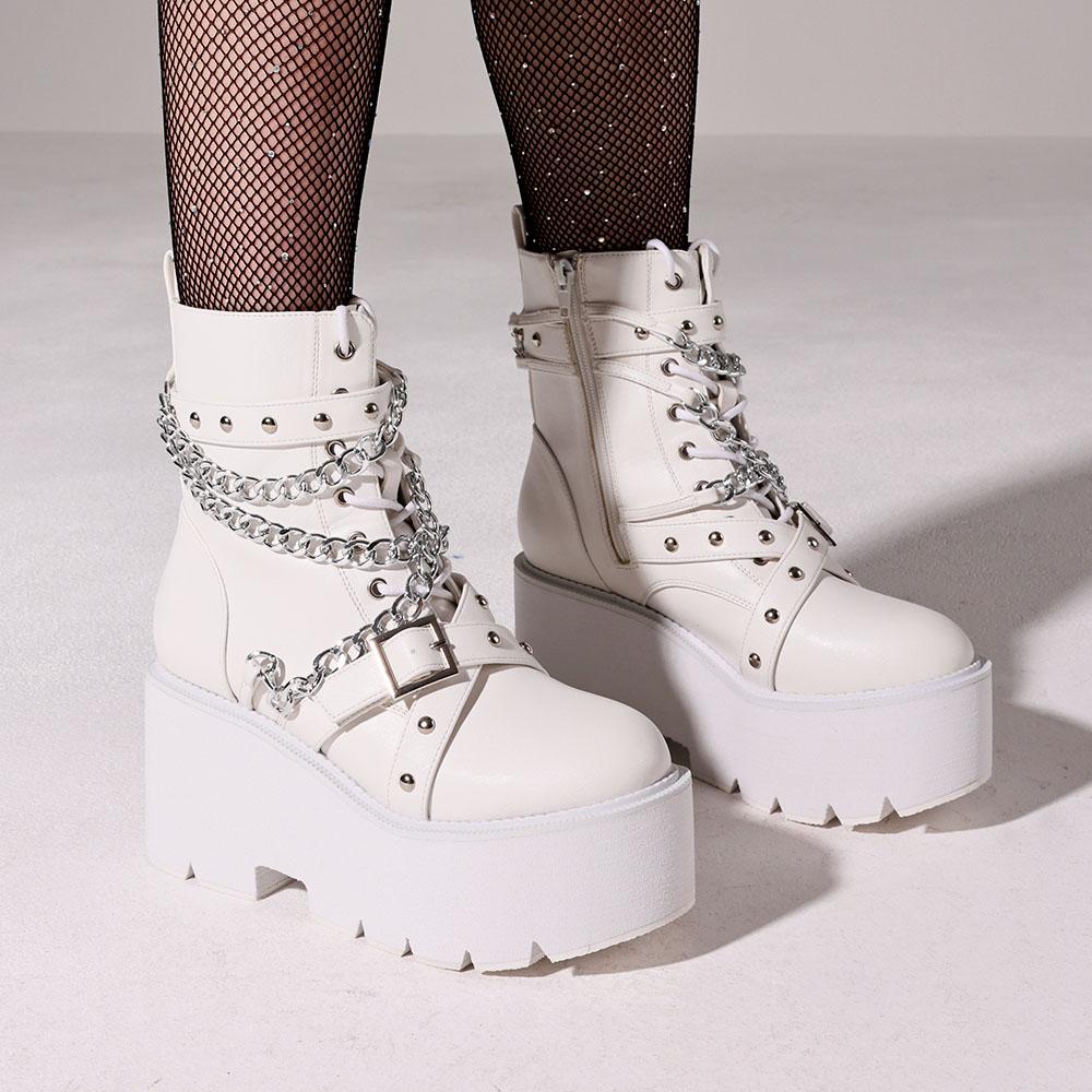 Gothic Y2K Women'S Ankle Boots Platform Chunky High Heels Rivet Metal Chain Decor Thick Sole Motorcycle Short Boots For Women Fa