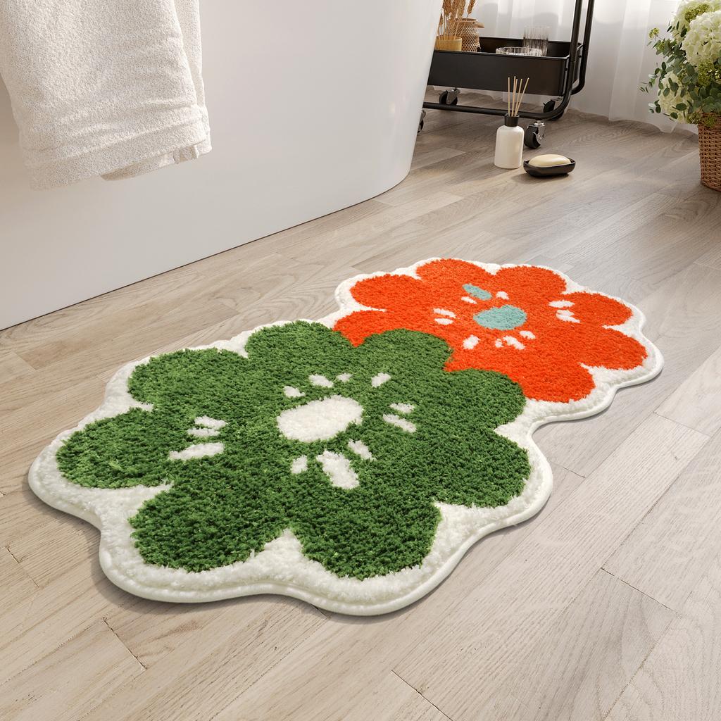 Cartoon Double Flower Bath Mat Bathroom Quick Drying Absorbent Foot Mat Super Fiber Flocking Comfortable and Soft Bathroom Rug